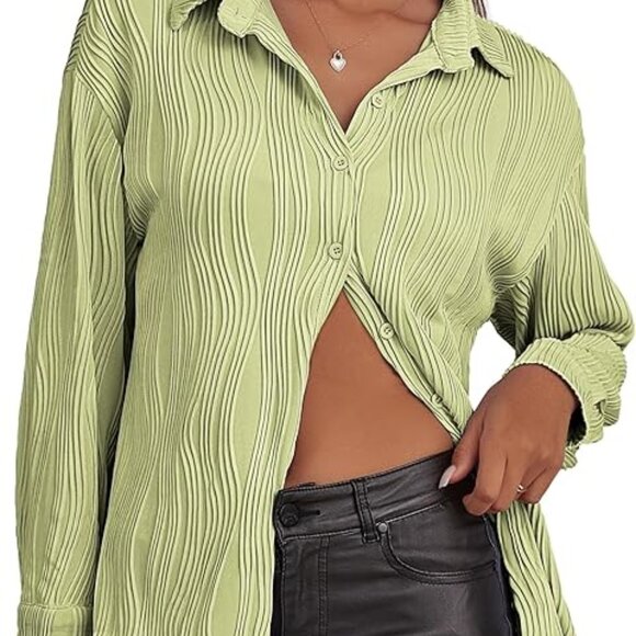 Tops - CHYRII Womens Textured Button Down Long Sleeve Shirt Casual Work Office Blouse